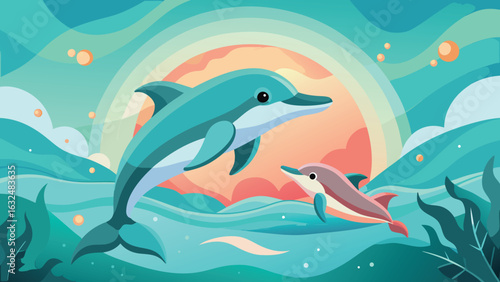 Two playful dolphins swimming in turquoise ocean waves with a vibrant sunset in the background creating a serene and joyful underwater scene