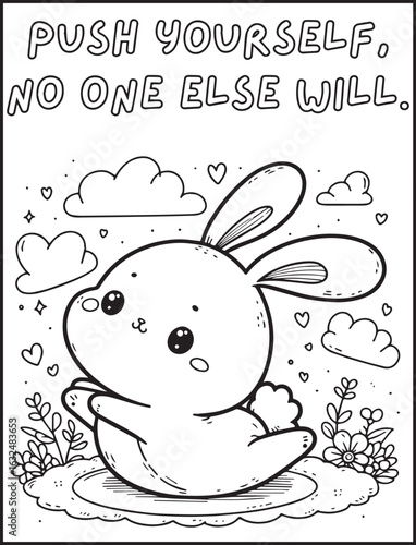 Animal-themed coloring page for kids and adults: Motivational quote to color: Cute rabbit doing yoga