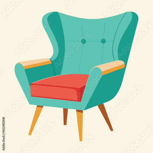 Colorful retro style wingback armchair illustration on a light background with simple design