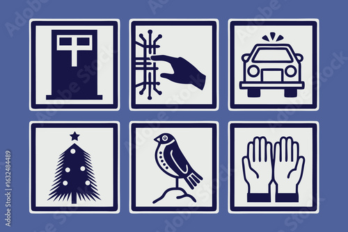 Set of high quality icons Six dark blue icons in white squares on a blue background symbol graphic