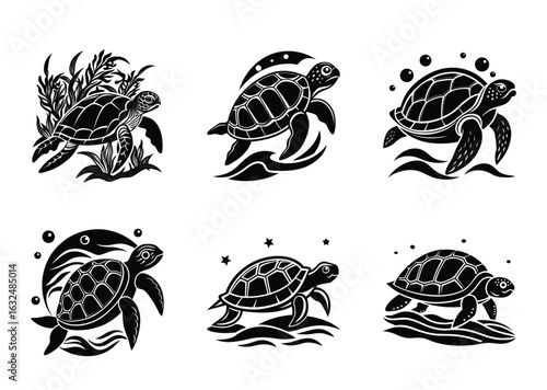 A collection of six elegant and stylized sea turtle vector illustrations