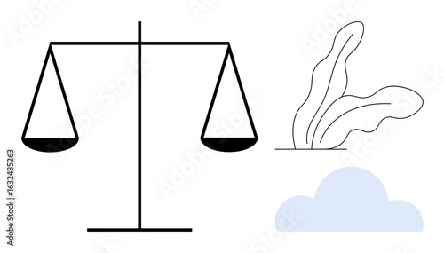 Black balance scales alongside minimalist leaves and a light blue cloud. Ideal for balance, justice, fairness, environment, harmony, sustainability, legal concepts and equality. A simple flat