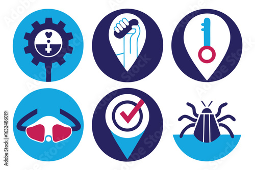 Set of high quality icons Six Flat Design Icons in Blue and Pink Featuring Technology, Health, and Security Symbols vector illustration