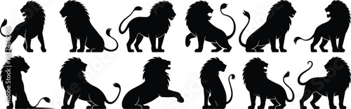 Lion silhouette artwork set, majestic jungle cat vector, wild animal poses collection, safari predator illustration, black mane feline, roaring beast shape