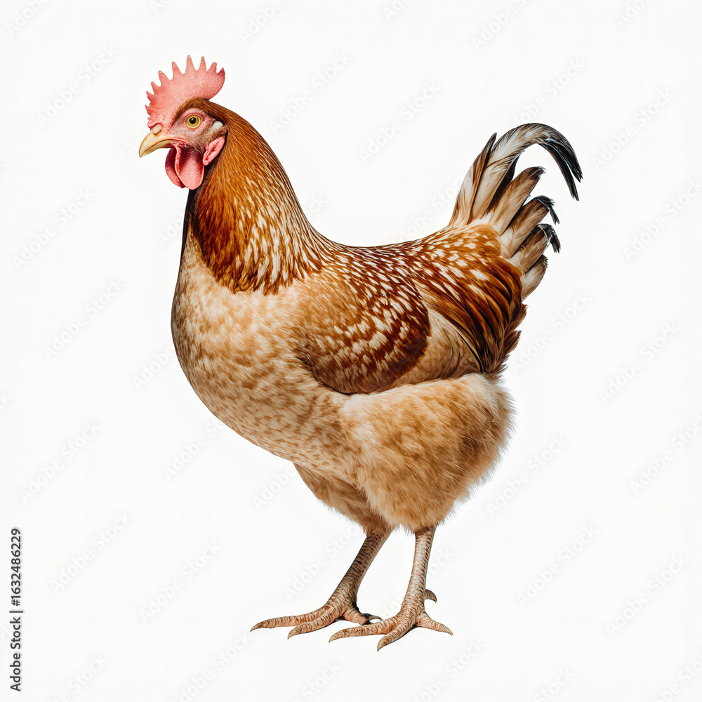 Fototapeta premium Proud Rooster Portrait: A majestic rooster stands tall, his vibrant plumage and striking red comb and wattle radiating confidence and vitality. Captured in striking clarity.