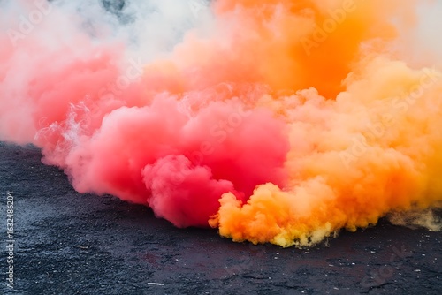 Vibrant plumes of pink and orange smoke billow across a dark textured surface creating a dynamic abstract visual