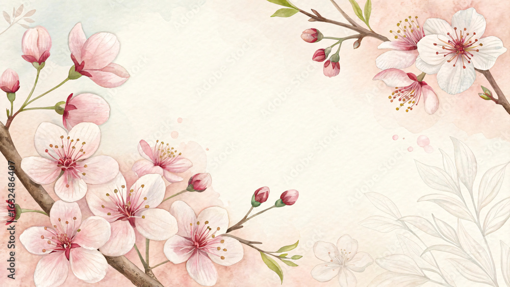 Obraz premium Pink cherry blossoms on brown branches with delicate petals and buds against cream background with subtle texture.