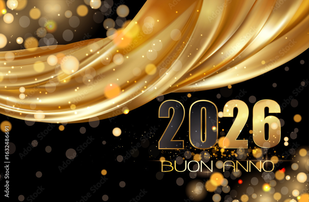biglietto o striscione per augurare un felice anno nuovo 2026 in oro con un drappo di tessuto color oro su uno sfondo nero con cerchi dorati in effetto bokeh