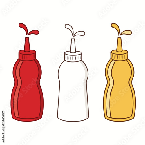 Red white yellow condiment bottles with splashes condiments