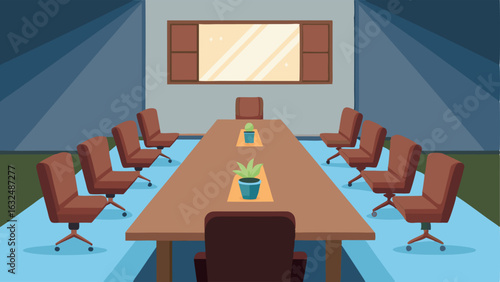 A long rectangular table surrounded by plush leather chairs sits in the center of the room facing a large projection screen on the wall.