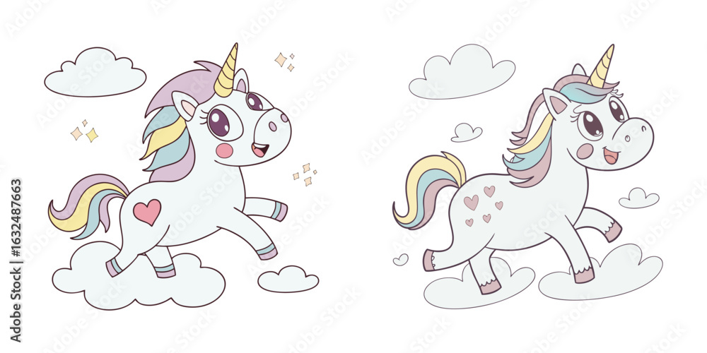Obraz premium Cute Cartoon Unicorns in the Clouds