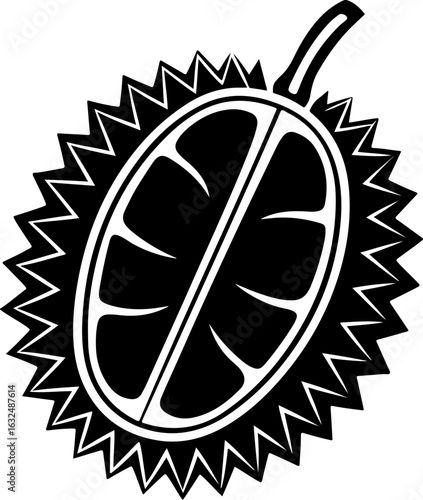 Stylized black durian fruit cut open