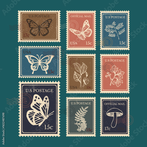 Set of Floral vintage Postage Stamp. Retro Printable post stamp with Butterflies. Aesthetic cutout Scrapbooking elements for wedding invitations, notebooks, journals, greeting cards, wrapping paper