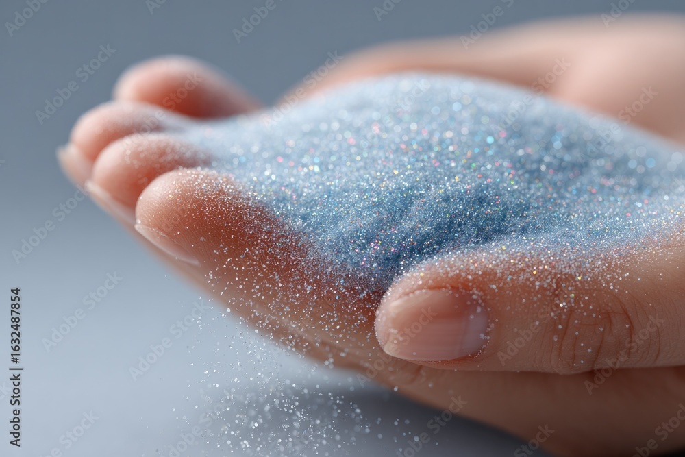 Fototapeta premium Delicate hands gently hold sparkling blue sand, capturing light