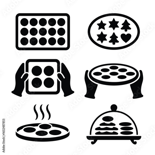 Baking Icons Set With Cookies And Baking Trays baking sheet