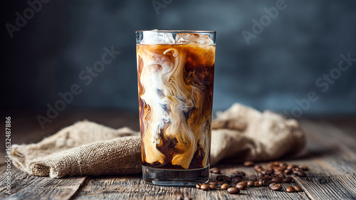 Artisan Iced Coffee with Cream Ribboning in Rustic Clear Glass Positioned on Wooden Tabletop for Cafe Beverage Design