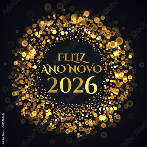 cartão ou banner para desejar um feliz ano novo 2026 em dourado num círculo composto por círculos de cor dourada em efeito bokeh sobre um fundo preto