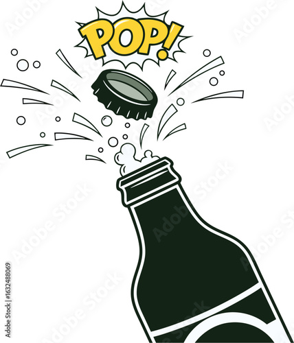 Bottle Opening with Popping Cap and Comic Style 'POP!' Sound Effect Illustration