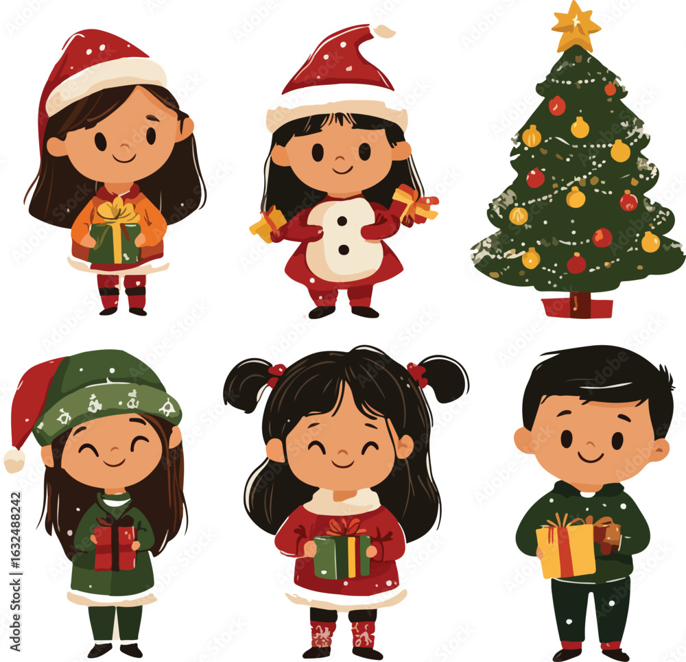 Fototapeta premium A fun set of cartoon Christmas elf characters with gifts and decorations