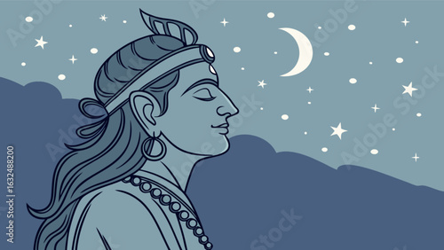 Illustration of a man with headwear looking at the moon and stars in the night sky landscape