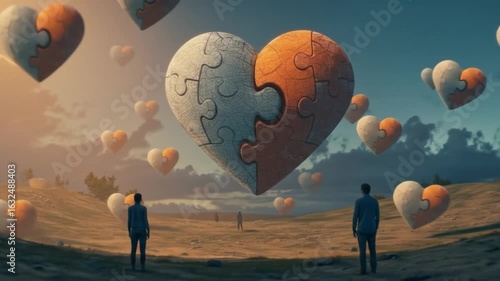 Surreal landscape featuring two figures gazing at a giant puzzle heart floating amidst smaller hearts