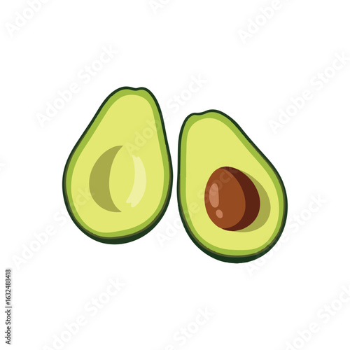 Two halves of a ripe avocado, one with its brown pit, presented against a clean white background.