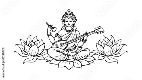 Illustration of a goddess playing a stringed instrument sitting on a lotus between lotus flowers