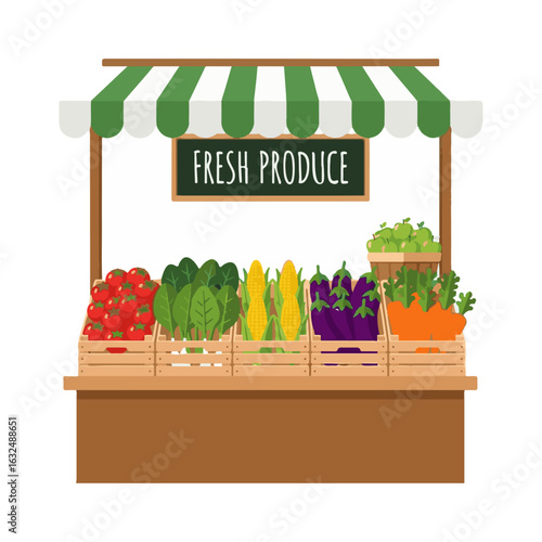 A vibrant cartoon depiction of a fresh produce market stall, showcasing various fruits and vegetables neatly arranged in wooden crates.