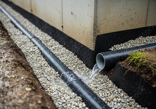 Water flowing from a perforated drainage pipe into a gravel trench around a house foundation