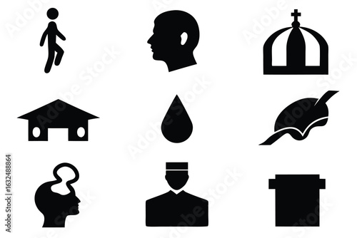Black and white abstract silhouettes of people and objects set of icons