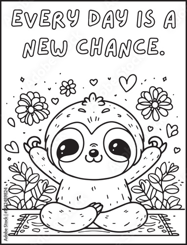 Animal-themed coloring page for kids and adults: Motivational quote to color: Cute sloth doing yoga