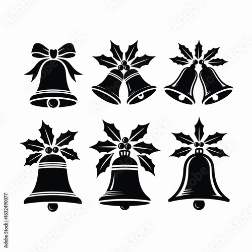 Christmas bells with holly and ribbon silhouettes Keywords: christmas bells, holly, ribbon