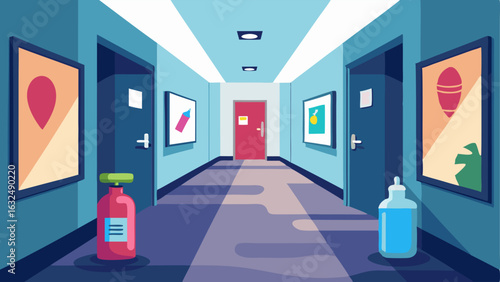 A hallway lined with motivational posters and hand sanitizer stations.