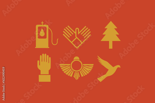 Set of high quality icons Six golden yellow icons arranged in two rows on a burnt orange background symbol graphic
