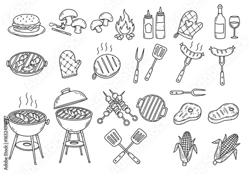 Illustration of barbecue elements isolated on white background, featuring grill, meat, and summer picnic items for outdoor cooking and party fun