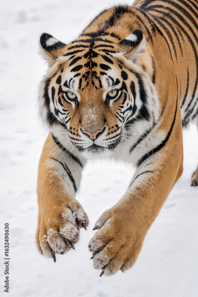 Fototapeta premium Tiger Stride in Snow: A majestic tiger, adorned in striking stripes, advances with focused intensity through a blanket of pristine snow, revealing its powerful presence.