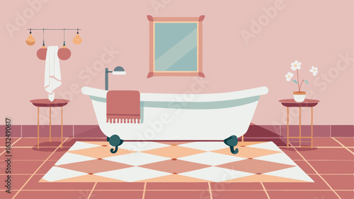 A luxurious bathroom with a clawfoot tub marble countertops and a Turkish towel rack. The floors are covered in a bold patterned tile and the walls are painted in a dusty pink.