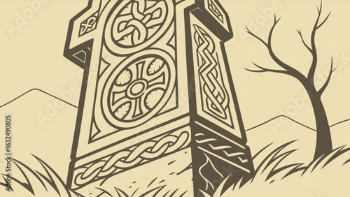 A celtic cross with intricate knotwork carvings in a field near a bare tree and distant hills