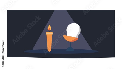 Illustration of a candle with flame and a crystal ball under a spotlight on a dark background scene