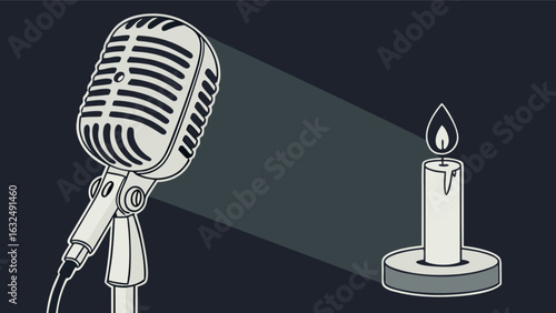 Vintage microphone and candle with flame casting light in a dark room illustration scene depicted