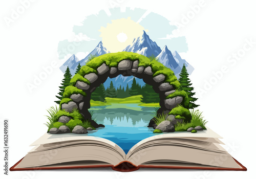 An open pop-up book in a magical cartoon style showing a fantasy landscape representing storytelling and imagination.