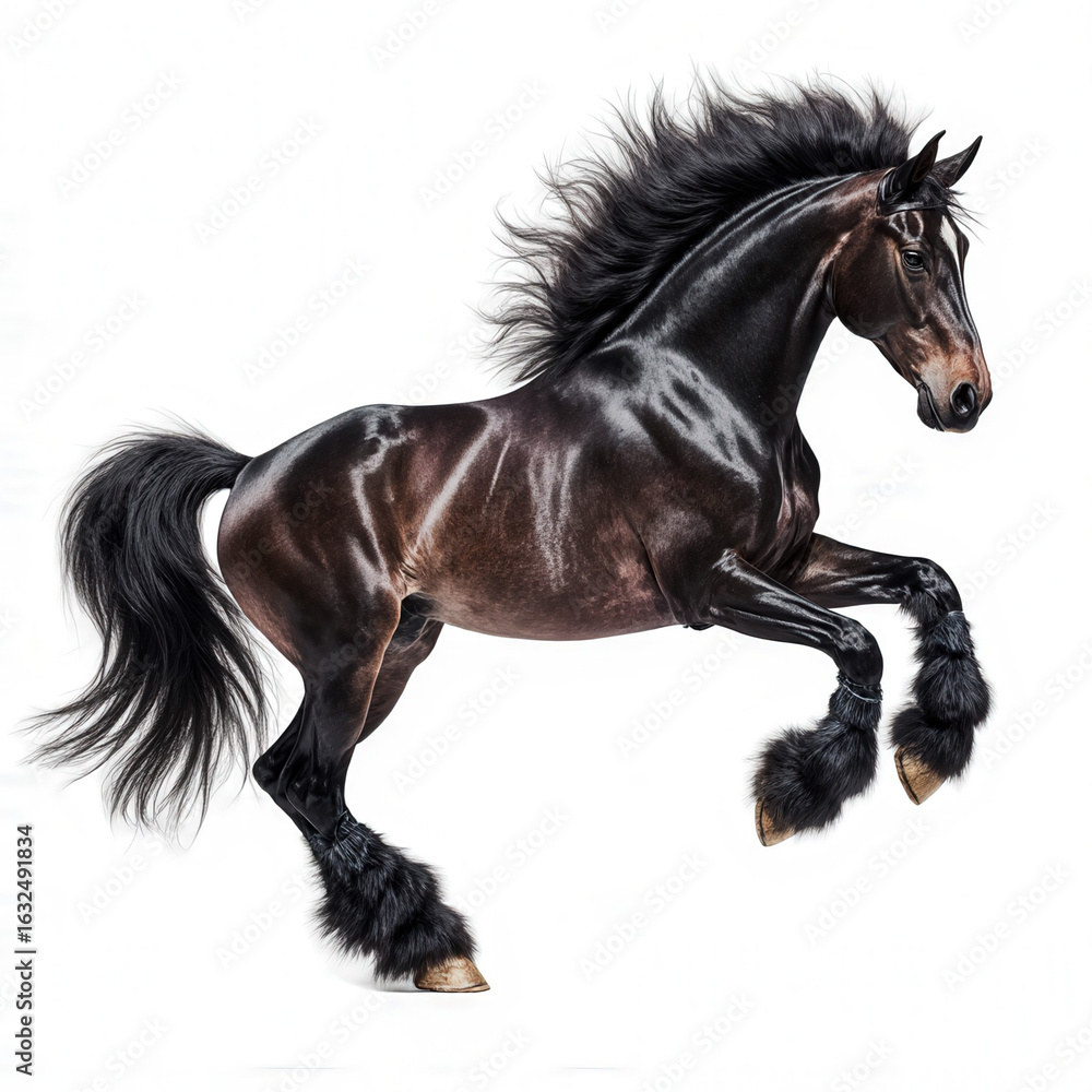 Fototapeta premium Majestic Horse's leap: A magnificent horse, with a sleek, dark coat and flowing mane, executes a dynamic leap, embodying power and freedom.