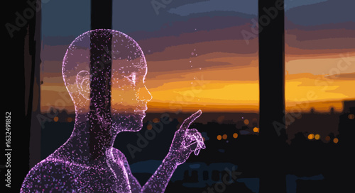 Luminous particle digital avatar with a focused mood representing AI and the metaverse against a city sunset.