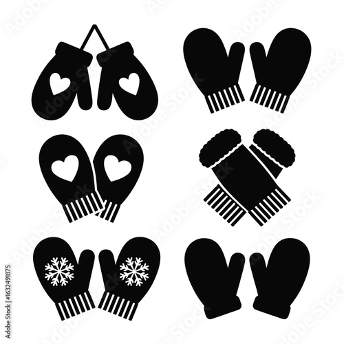 Collection of Six Black Mitten Icons mittens winter