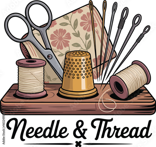 A collection of sewing accessories including a thimble, thread, and needles on a white background
