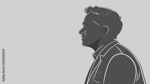 Side profile of a man in a suit with a gray background and white outline style illustration art
