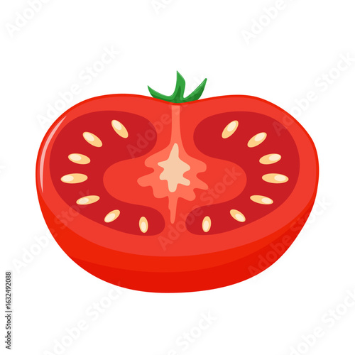 ripe, juicy half of a red tomato with green stems, fresh product.