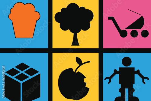 Set of high quality icons Six Square Panels Featuring Bold Black Silhouettes of Objects and Icons graphic vector