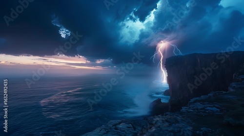 Dramatic Lightning Strikes Rugged Cliffs Above A Stormy Ocean