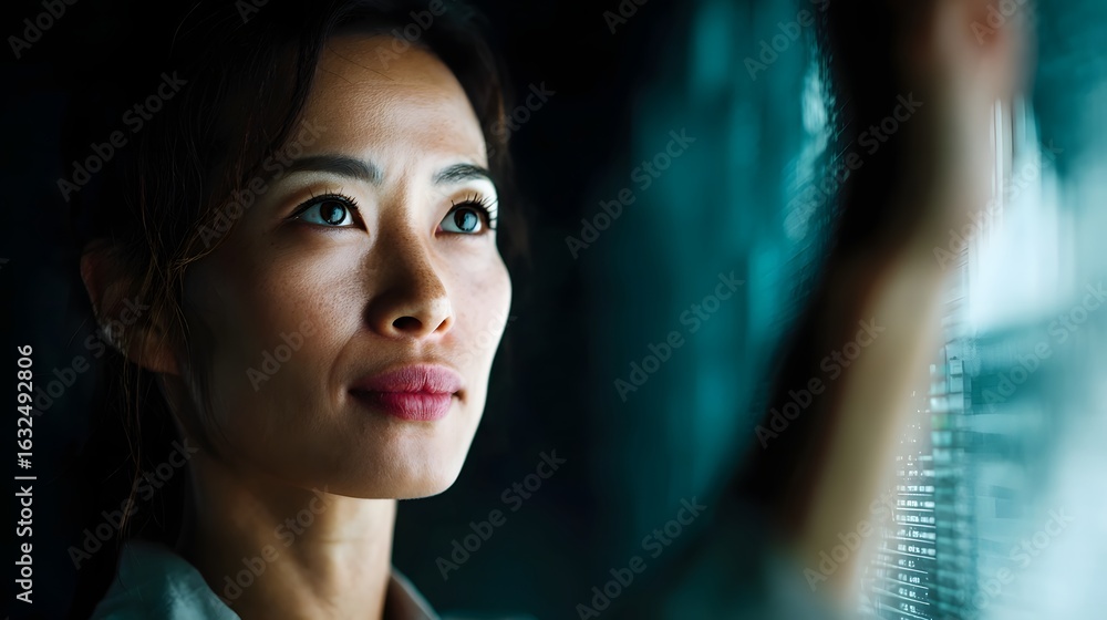 Fototapeta premium Focused Asian businesswoman examining financial data on digital dashboard